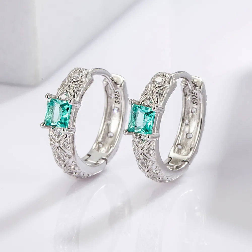 Women's 925 Sterling Silver Green Stone Hoop Earrings