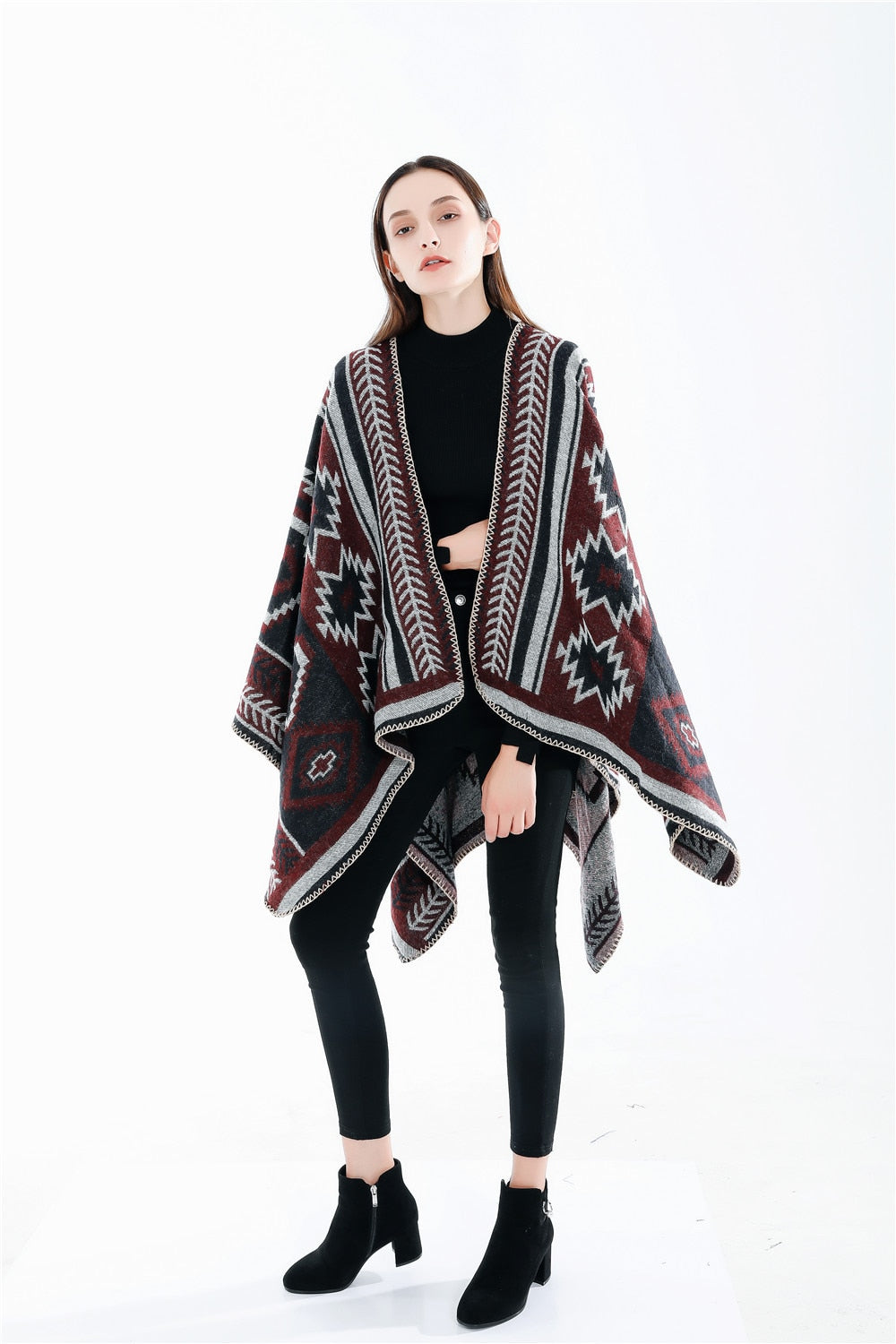 Women's Boho Hooded Plaid Cape Poncho
