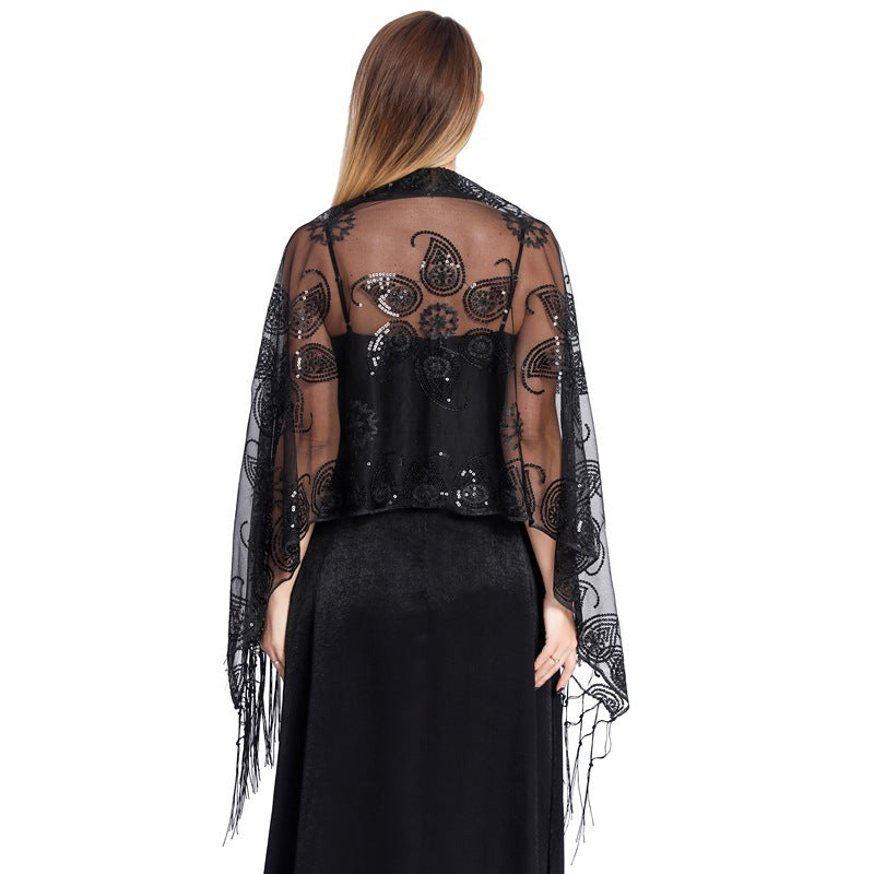 Women's Sequined Tassel Evening Shawl