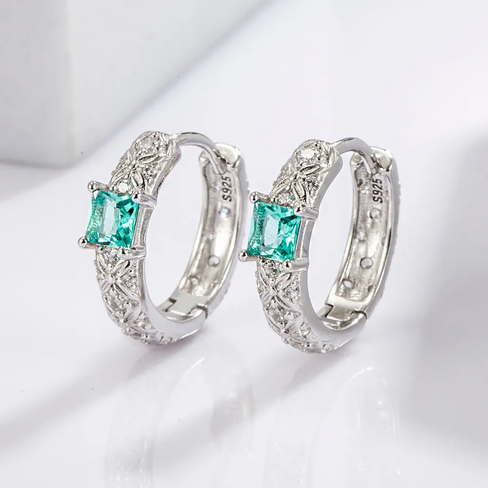 Women's 925 Sterling Silver Green Stone Hoop Earrings