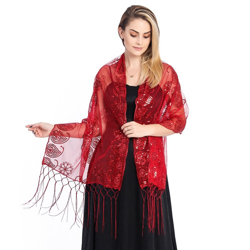 Women's Sequined Tassel Evening Shawl