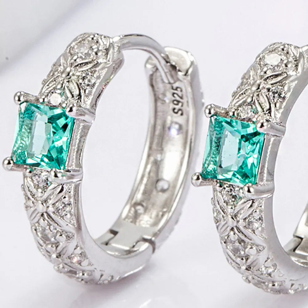 Women's 925 Sterling Silver Green Stone Hoop Earrings