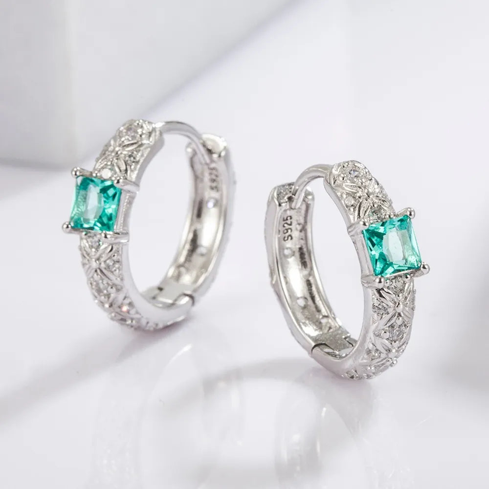 Women's 925 Sterling Silver Green Stone Hoop Earrings
