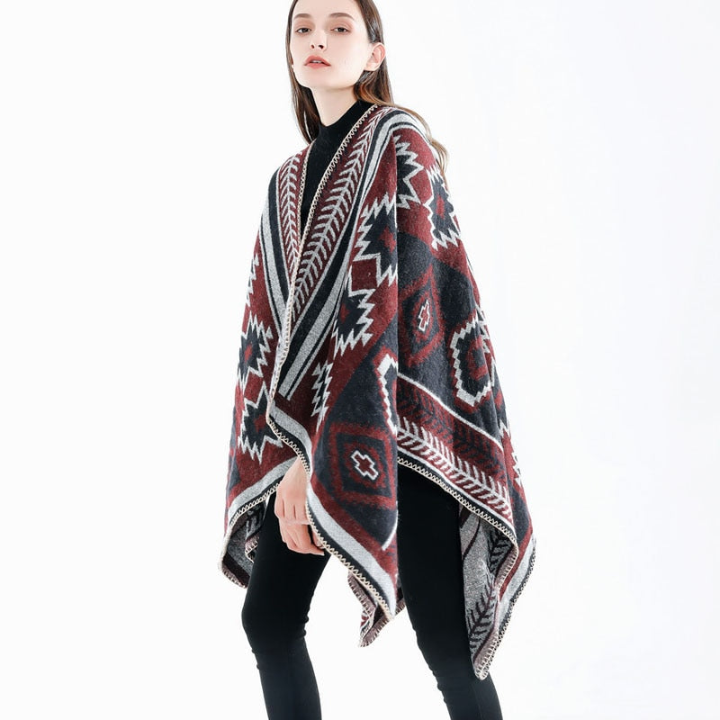 Women's Boho Hooded Plaid Cape Poncho