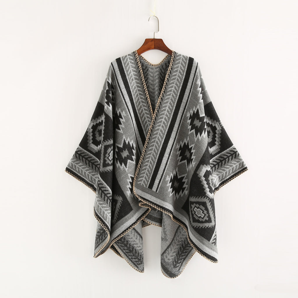 Women's Boho Hooded Plaid Cape Poncho
