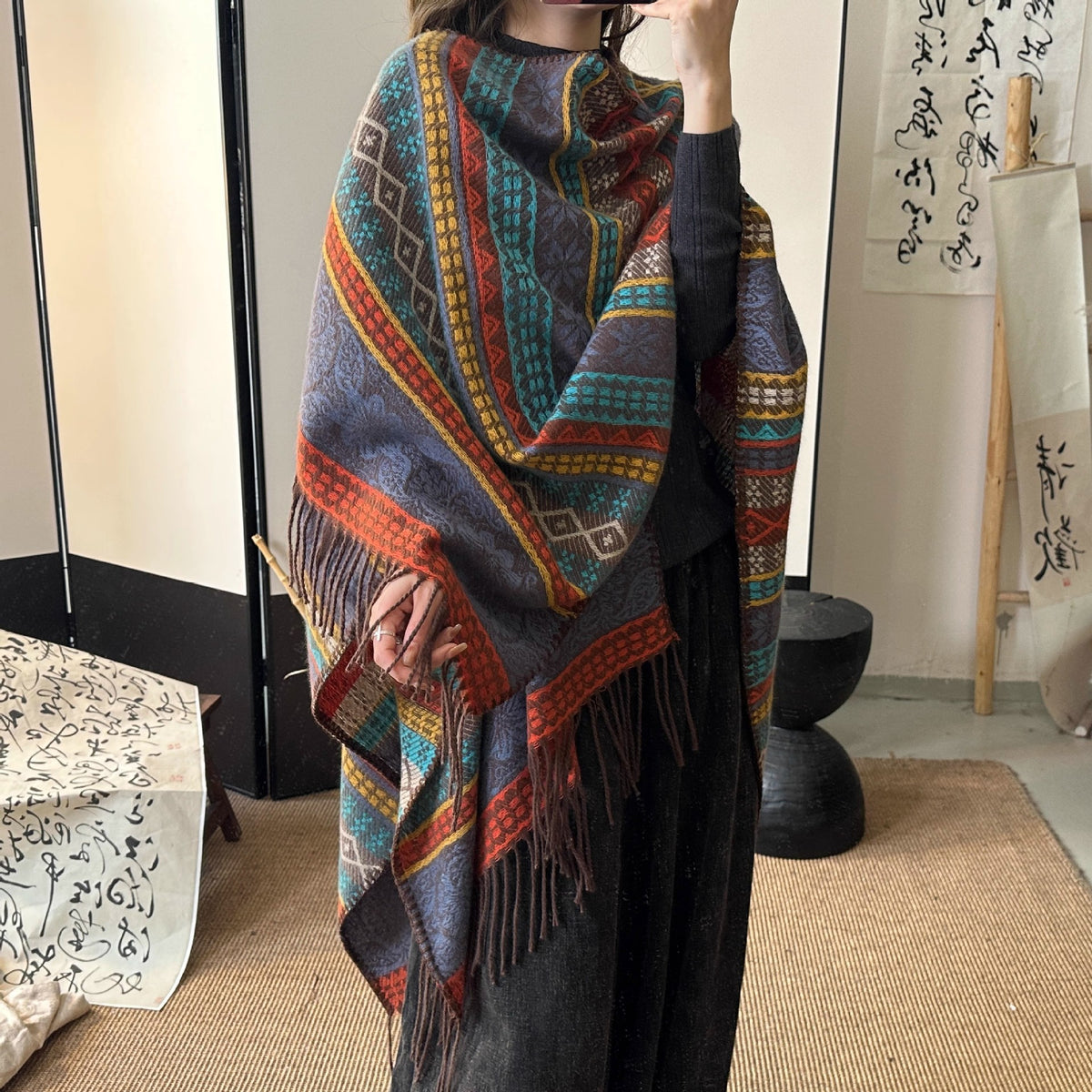Women's Striped Tassel Shawl