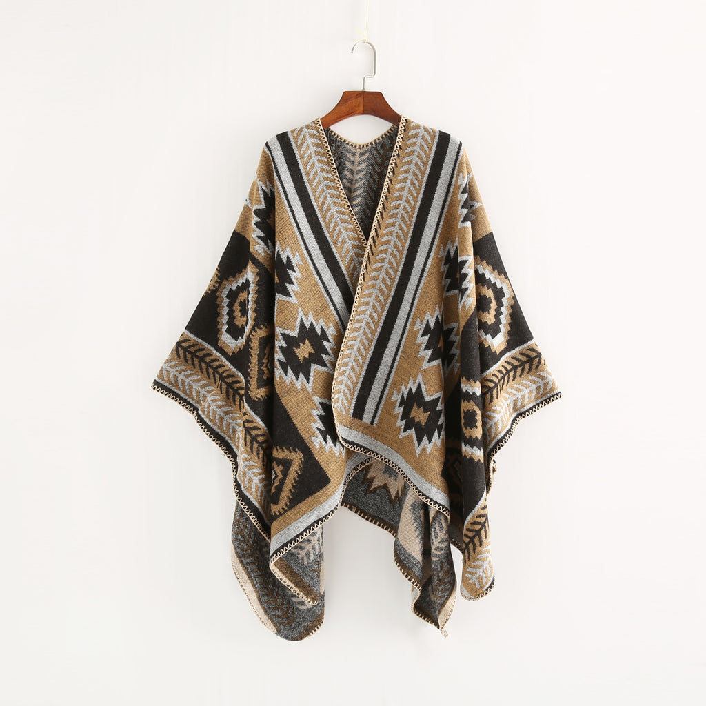 Women's Boho Hooded Plaid Cape Poncho