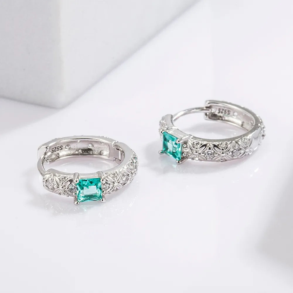 Women's 925 Sterling Silver Green Stone Hoop Earrings