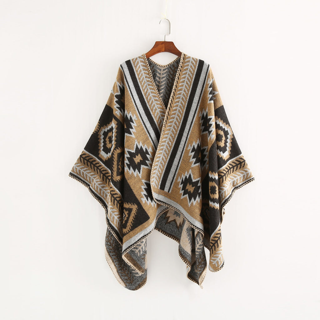 Women's Boho Hooded Plaid Cape Poncho