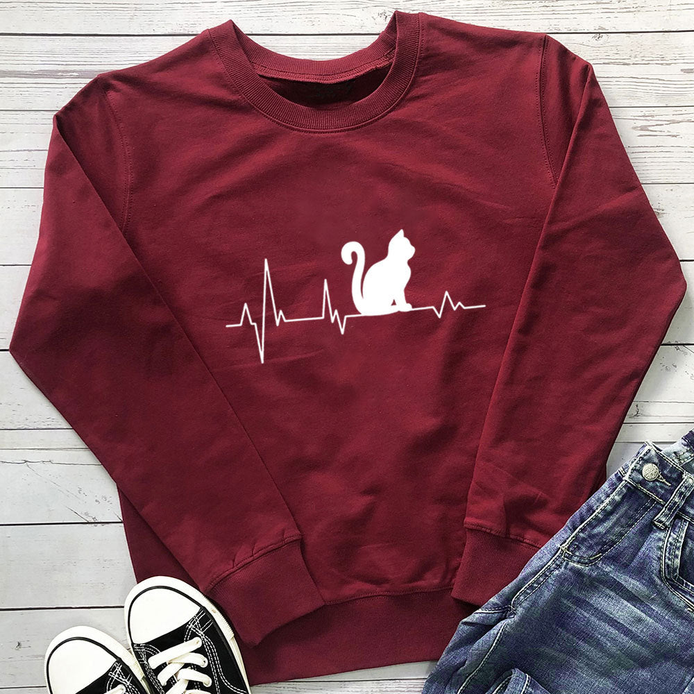 Women's Cat Heartbeat Print Sweatshirt