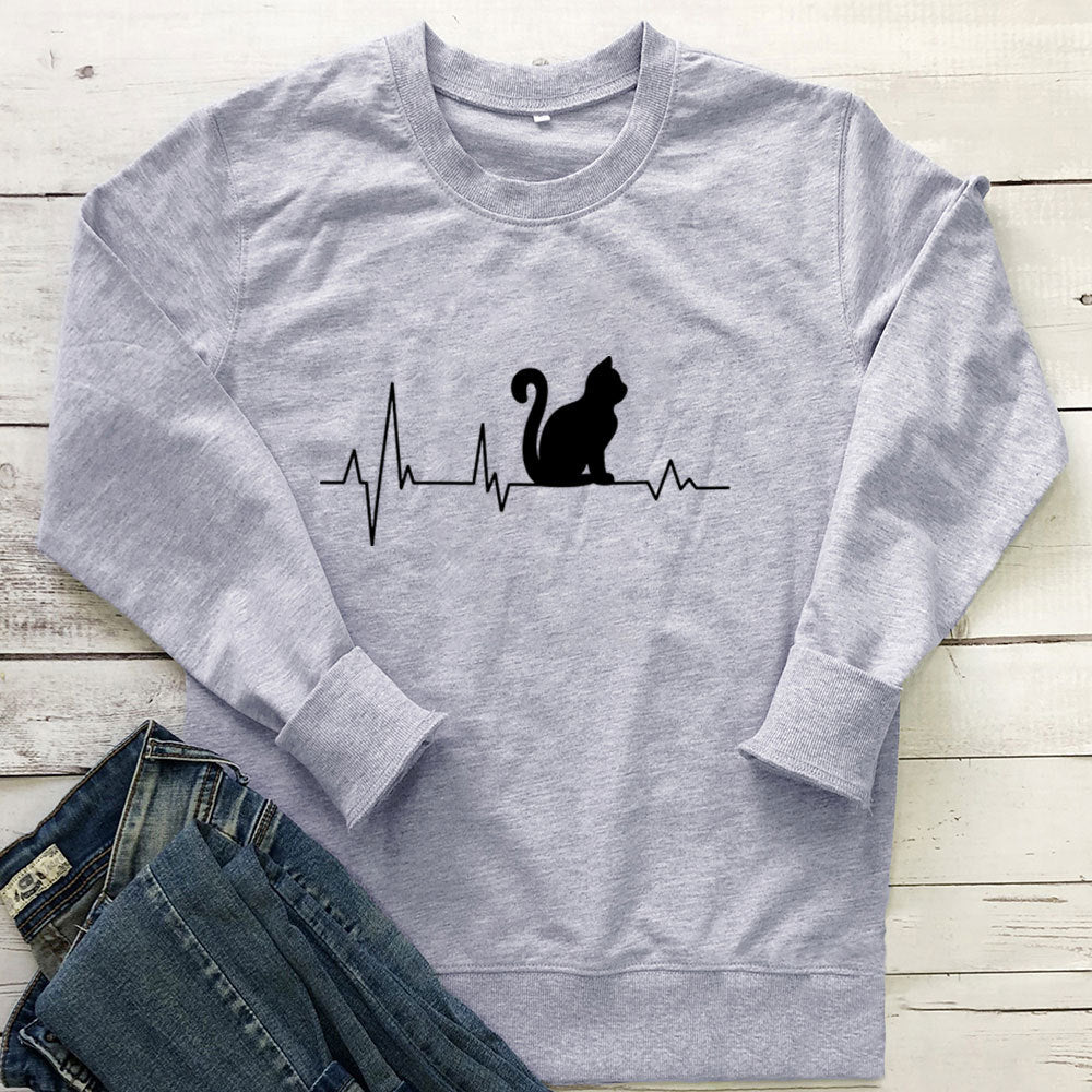 Women's Cat Heartbeat Print Sweatshirt