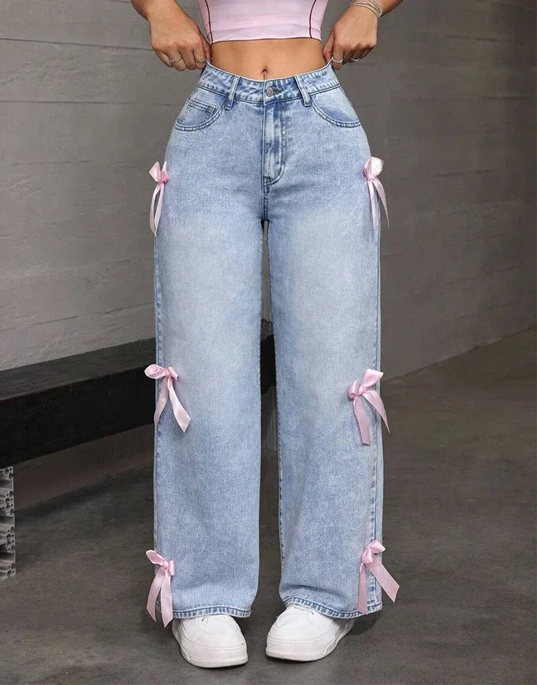 Women's Bow Washed Wide Leg Jeans