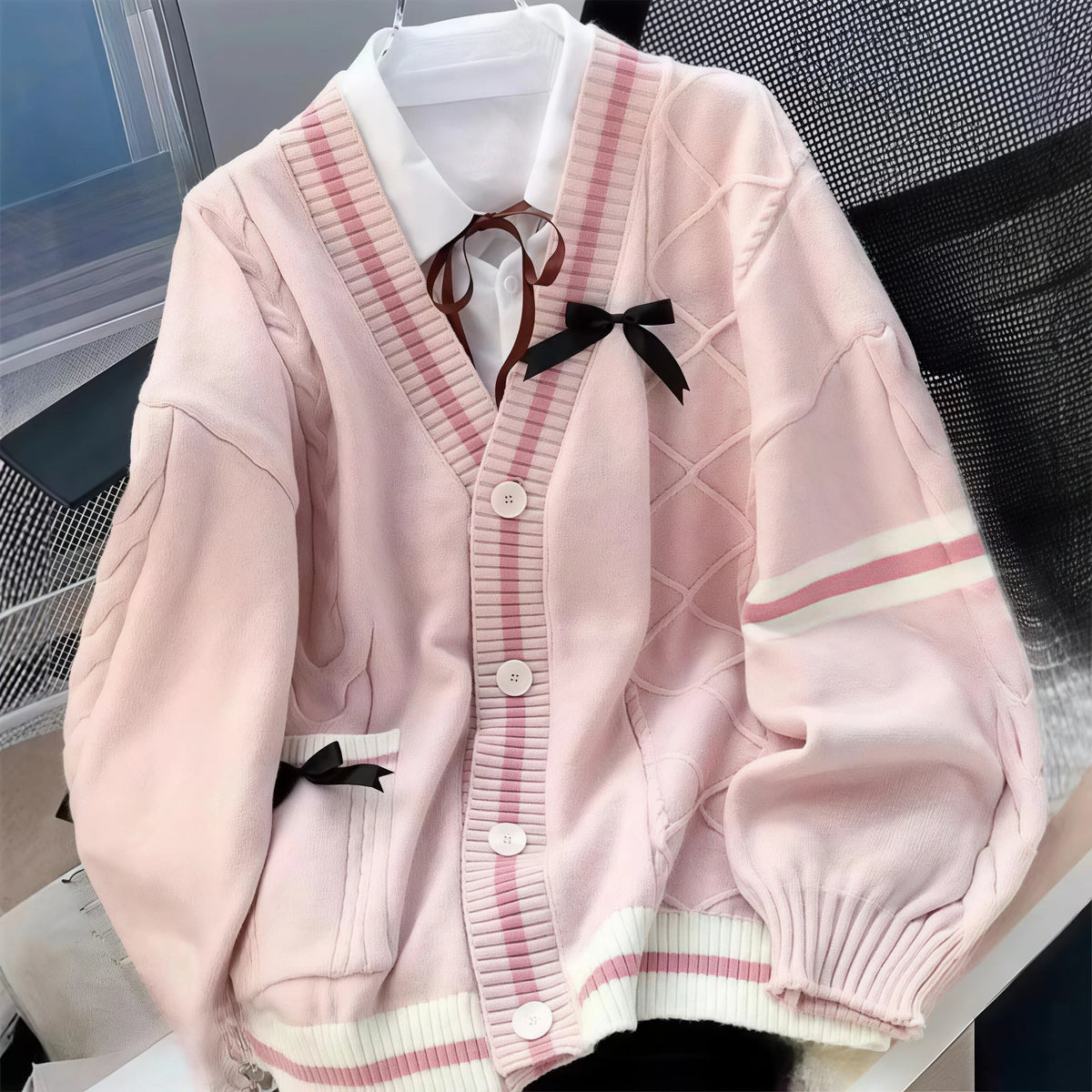 Bow-Decor Cable-Knit Cardigan