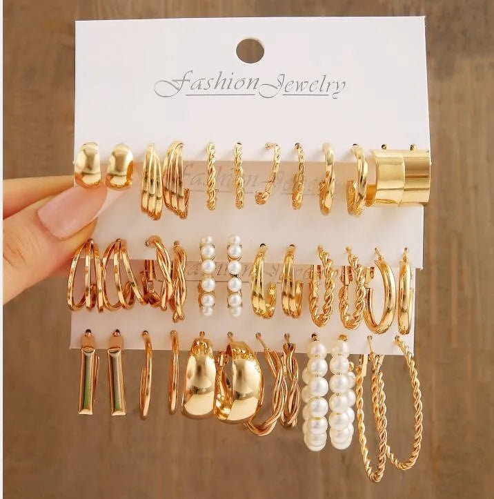 Women's Gold Hoop & Pearl Earring Set – 24 Pairs Variety Pack