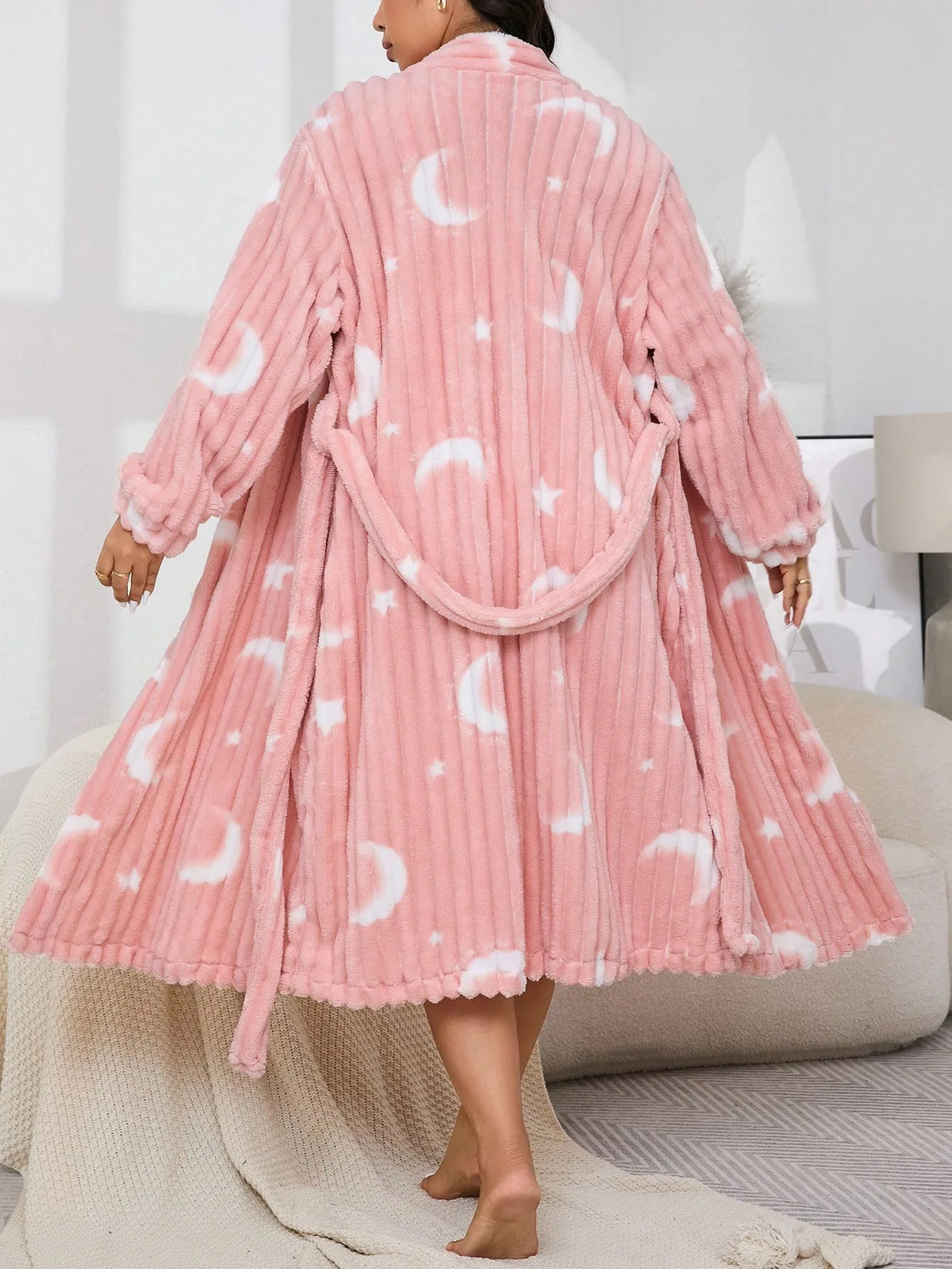 Women's Pink Moon & Star Print Plush Robe