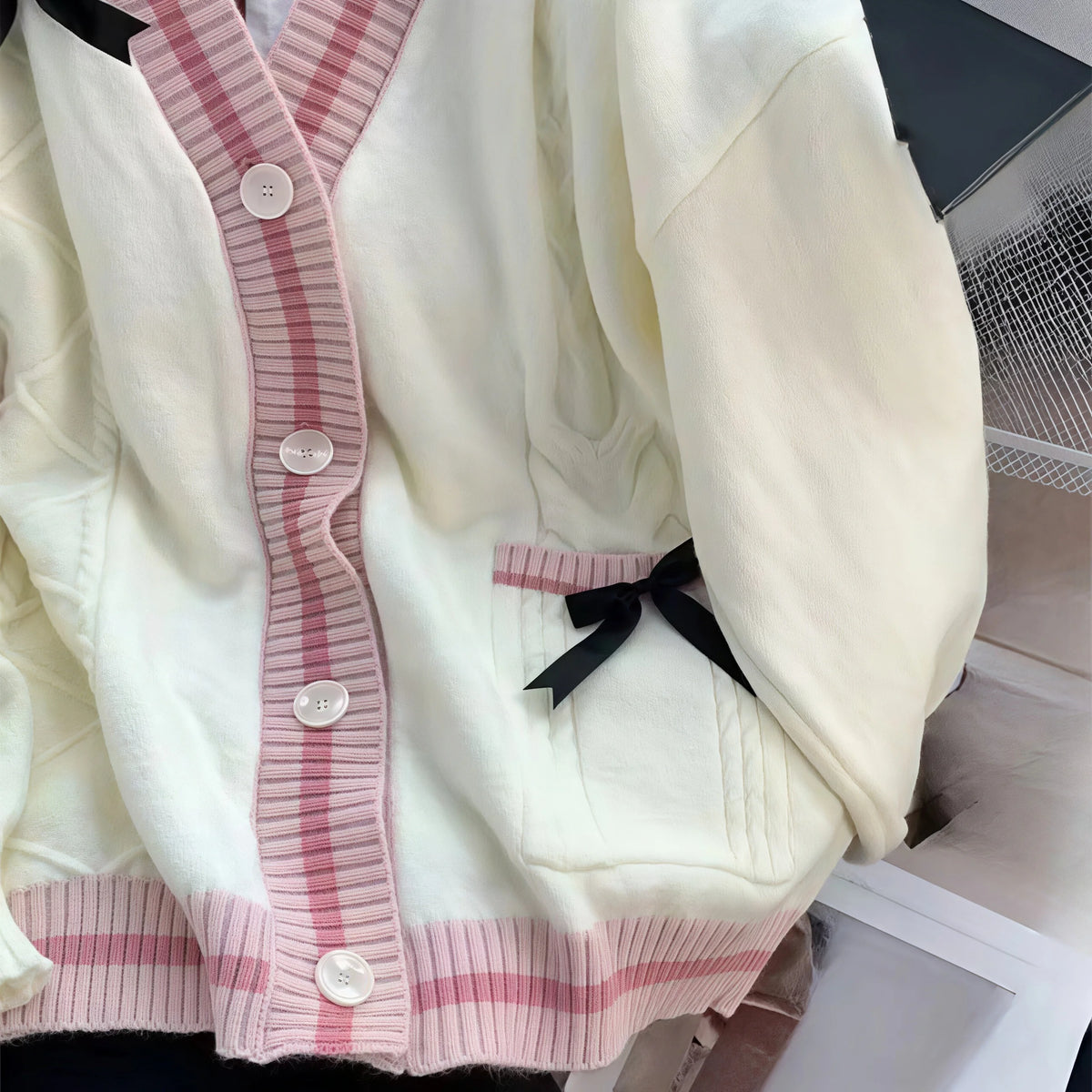 Bow-Decor Cable-Knit Cardigan