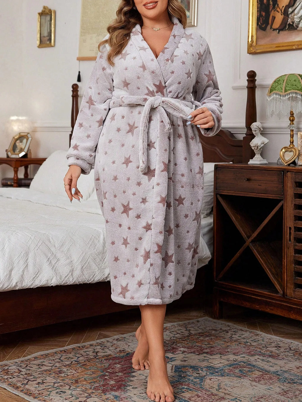 Women's Star-Print Plush Flannel Robe with Belt