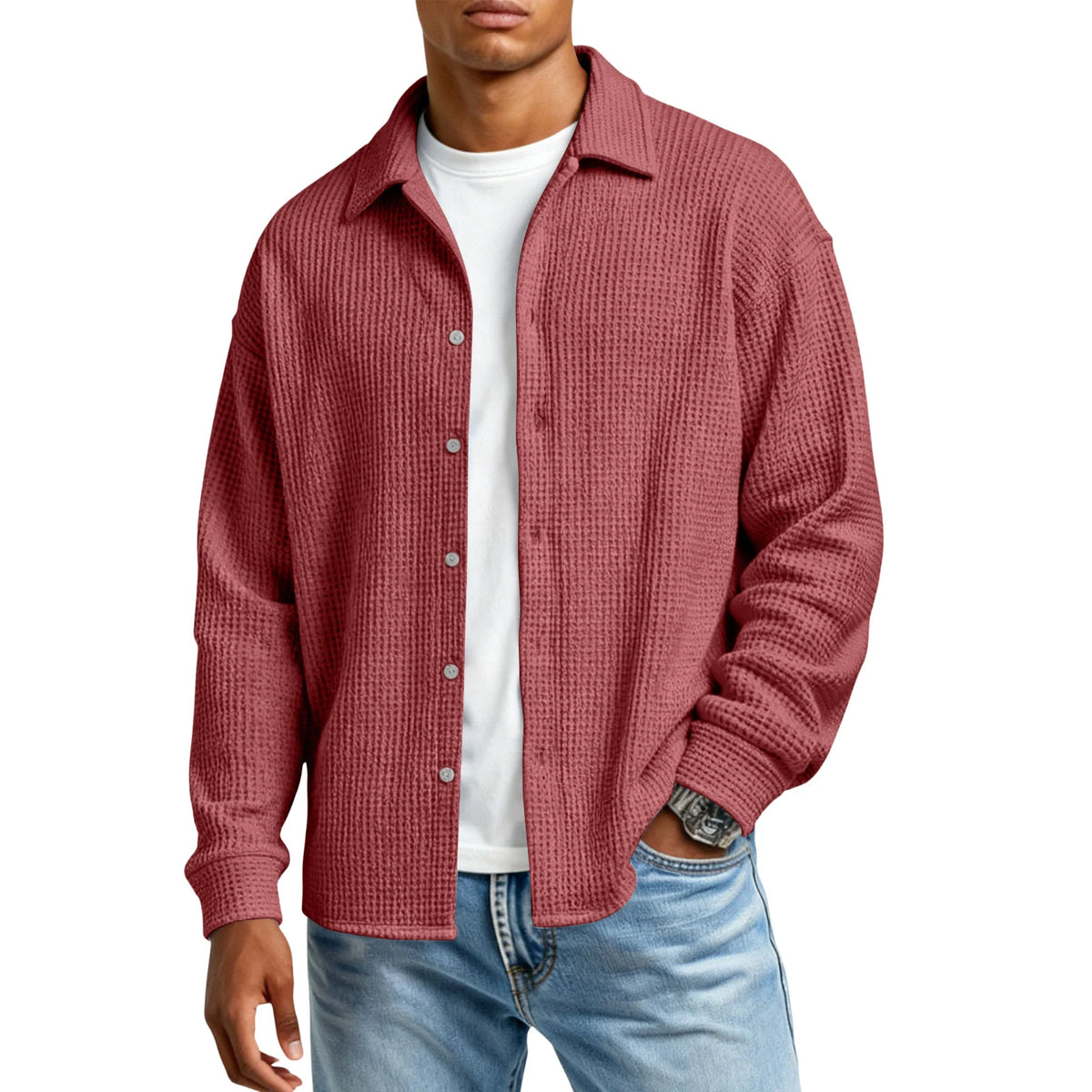 Men's Waffle Texture Button-Down Shirt