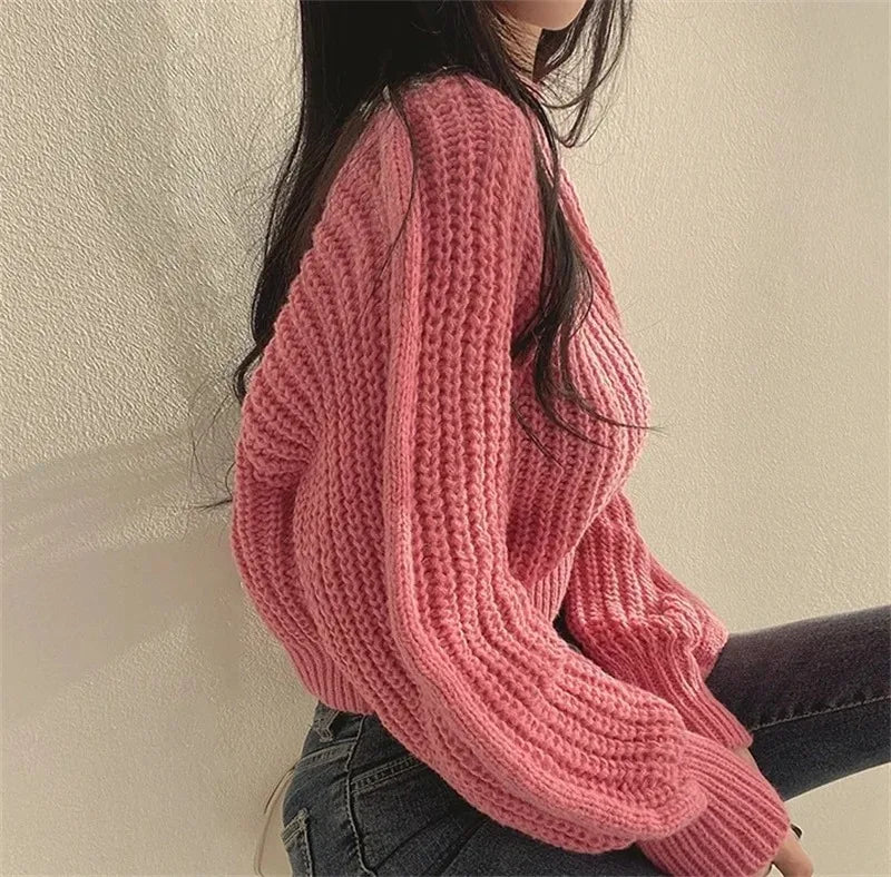 Oversized Lantern-Sleeve Chunky Knit Sweater