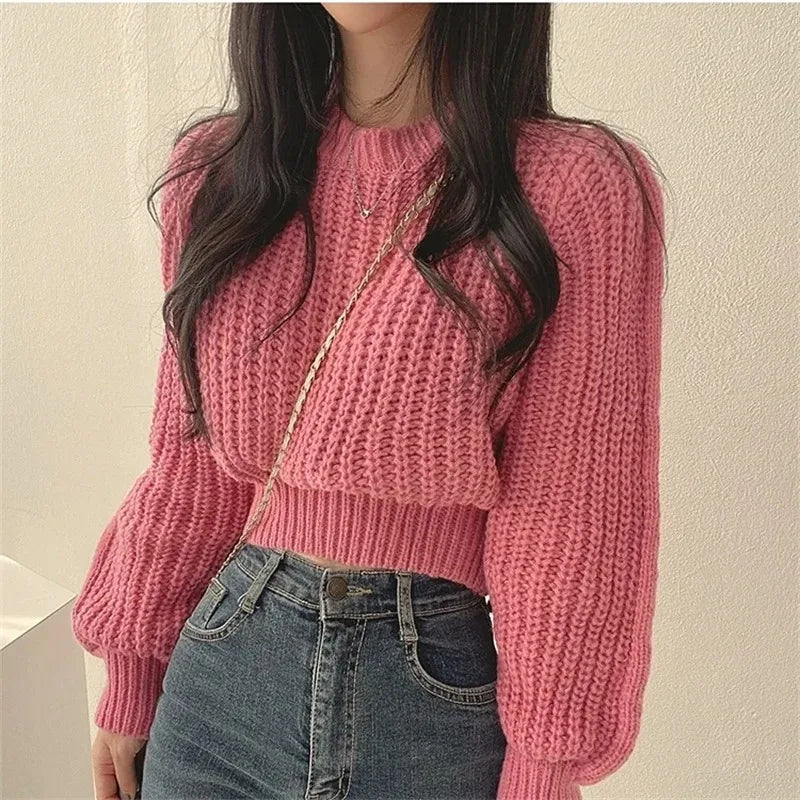 Oversized Lantern-Sleeve Chunky Knit Sweater