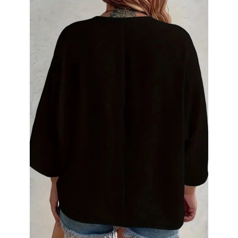 Plus Size Loose V-Neck Long-Sleeve T-Shirt