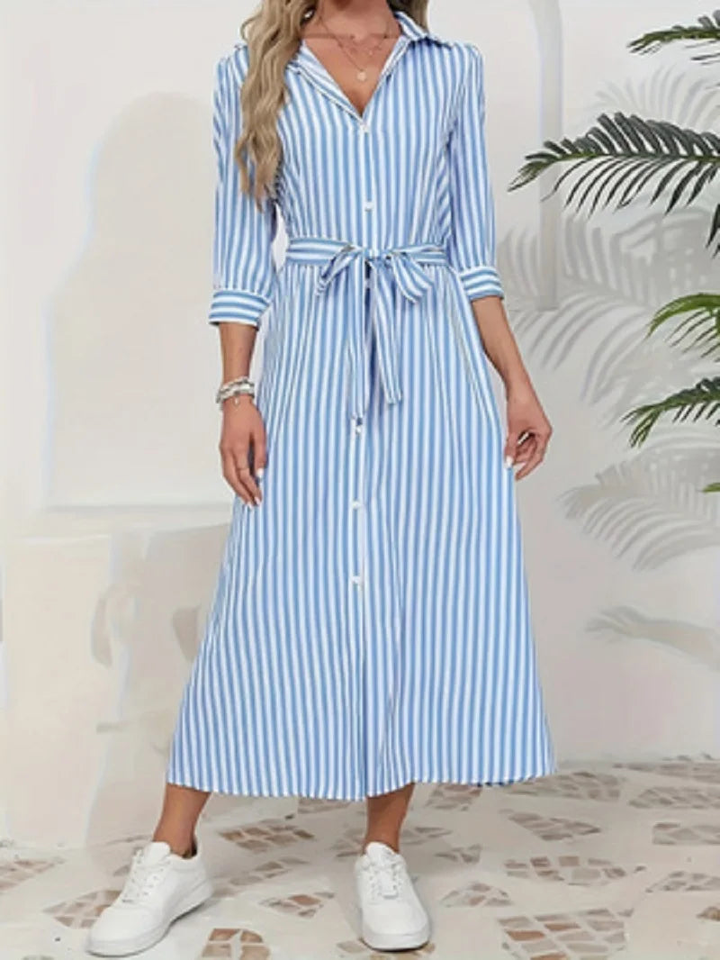 Women's Blue & White Striped Shirt Midi Dress – Casual Chic