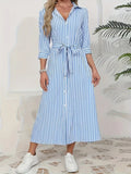 Women's Blue & White Striped Shirt Midi Dress – Casual Chic