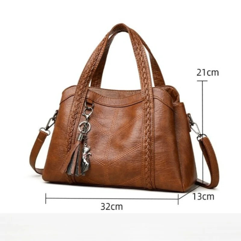 Women's Retro PU Leather Tote with Woven Handles
