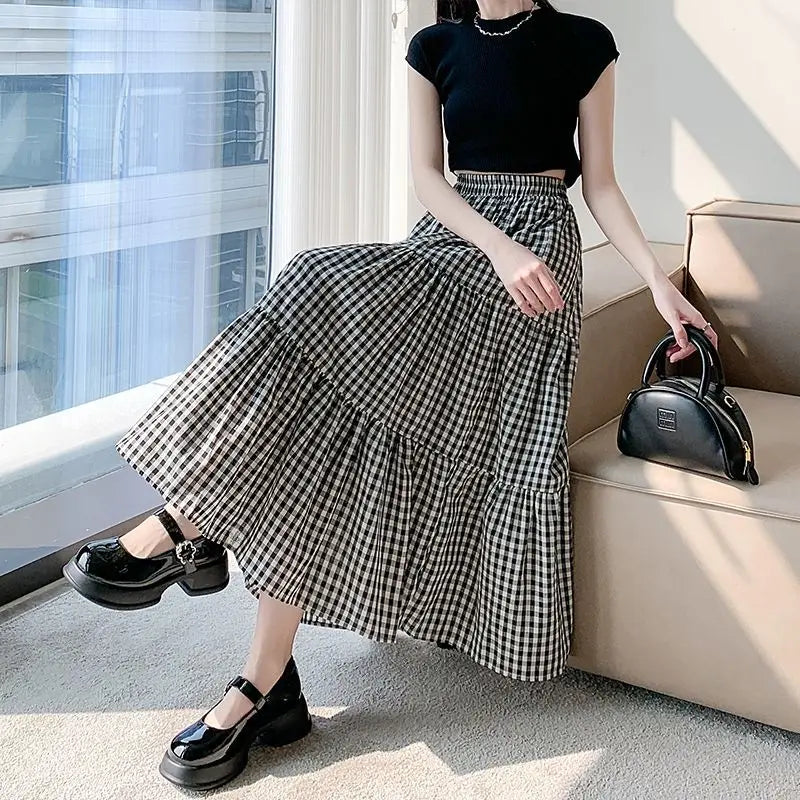 Checkered Patchwork Tiered Midi Skirt