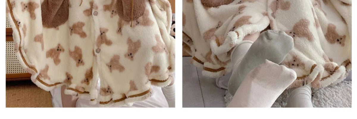 Women's Teddy Bear Print Hooded Plush Robe
