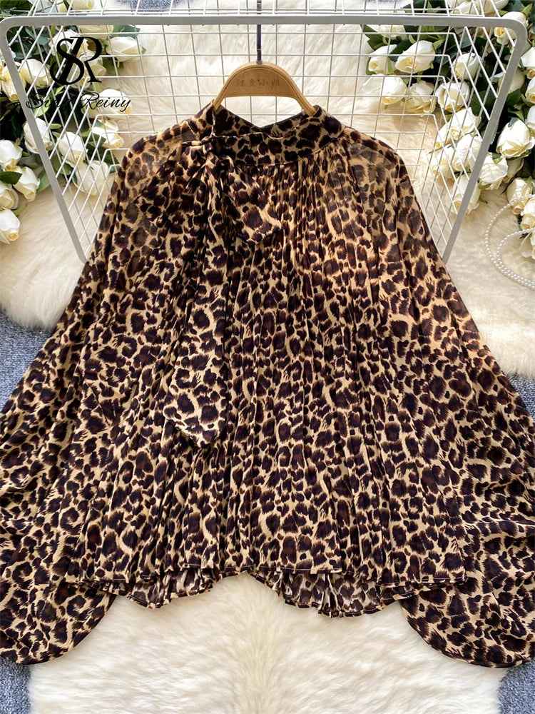Leopard Print Bow-Neck Blouse (SINGREINY)