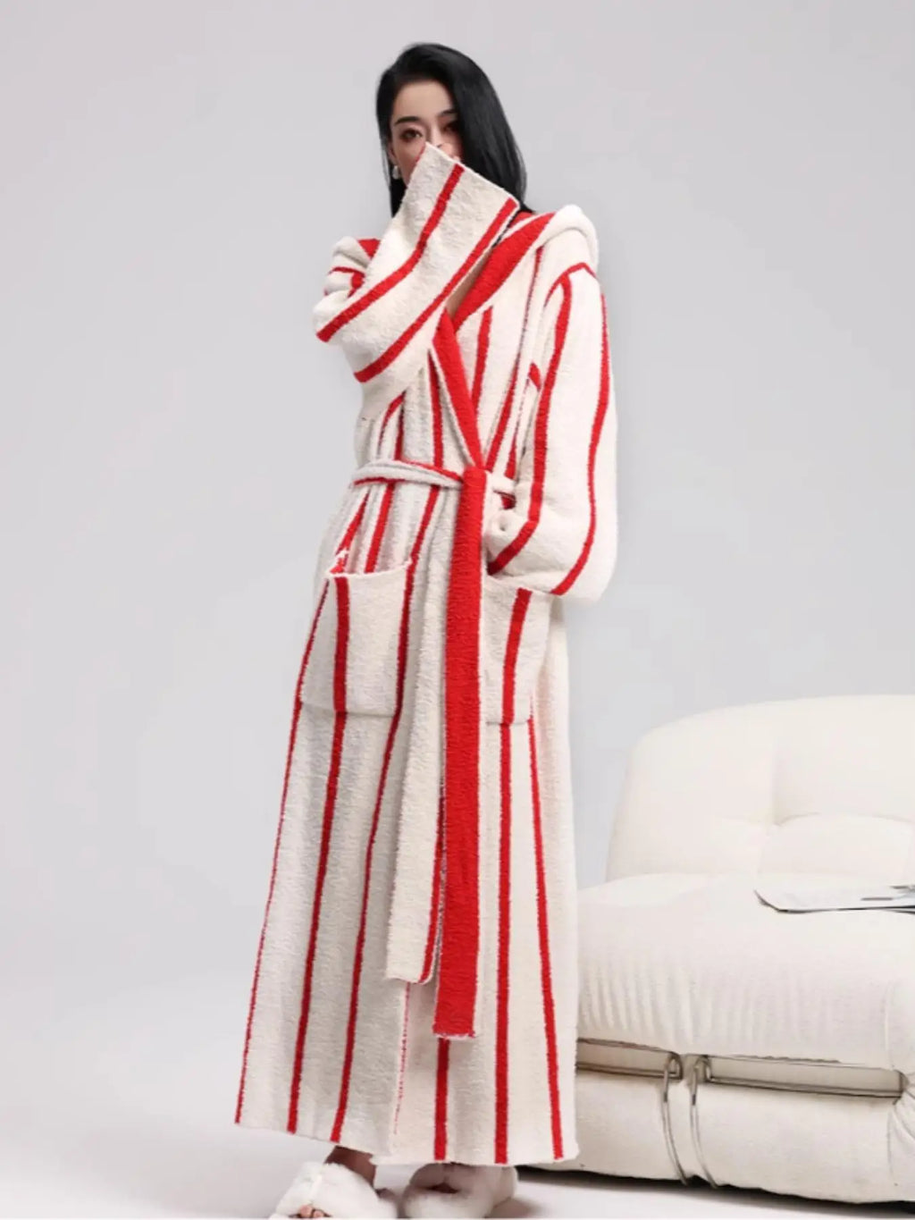 Women's Red & White Striped Hooded Plush Robe