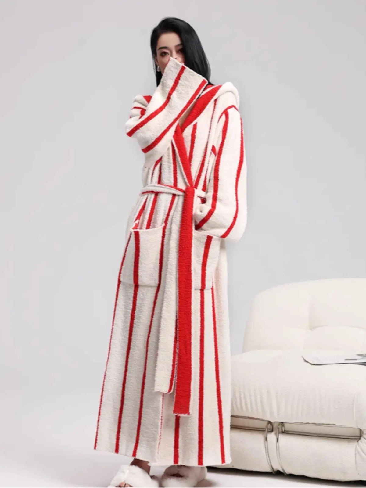 Women's Red & White Striped Hooded Plush Robe