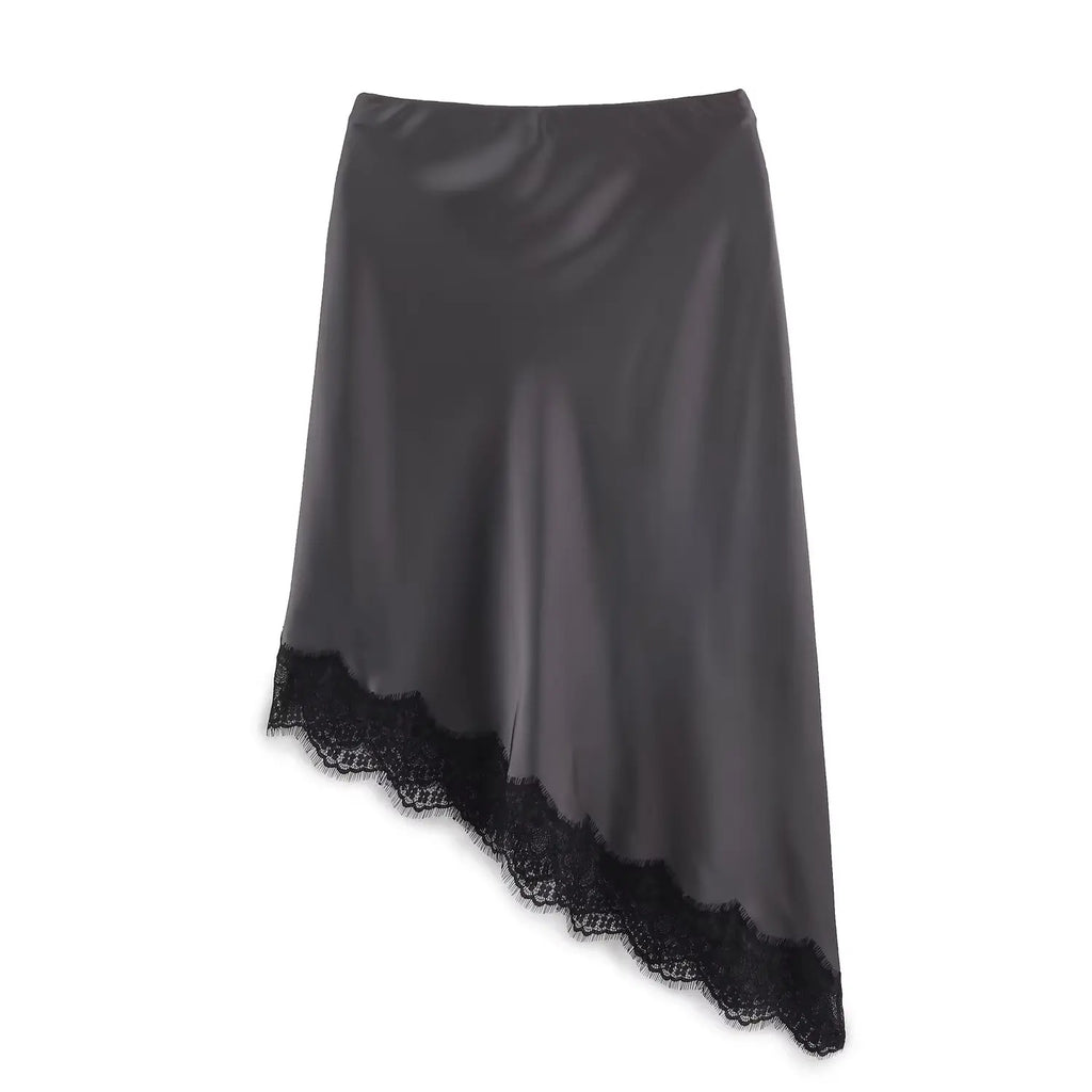 Lace-Trim Satin Midi Skirt