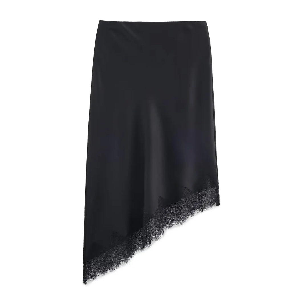 Lace-Trim Satin Midi Skirt