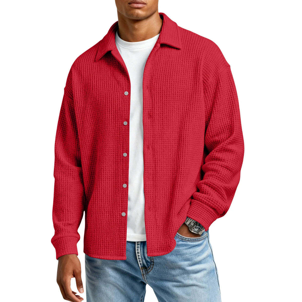 Men's Waffle Texture Button-Down Shirt
