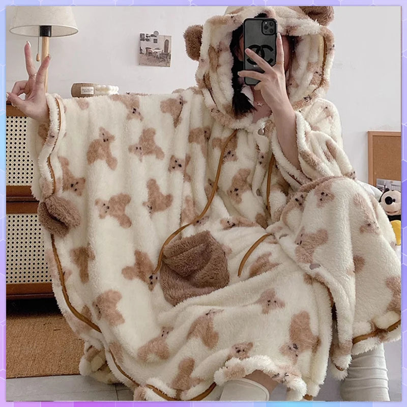 Women's Teddy Bear Print Hooded Plush Robe