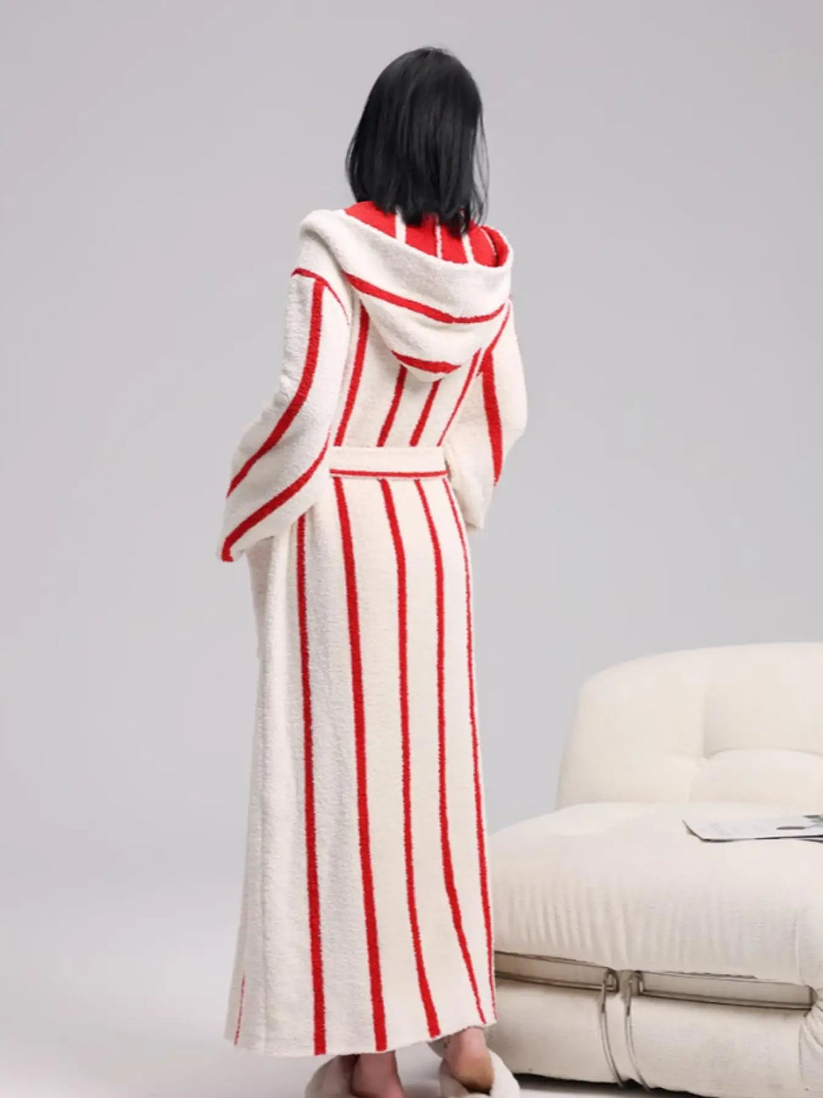 Women's Red & White Striped Hooded Plush Robe