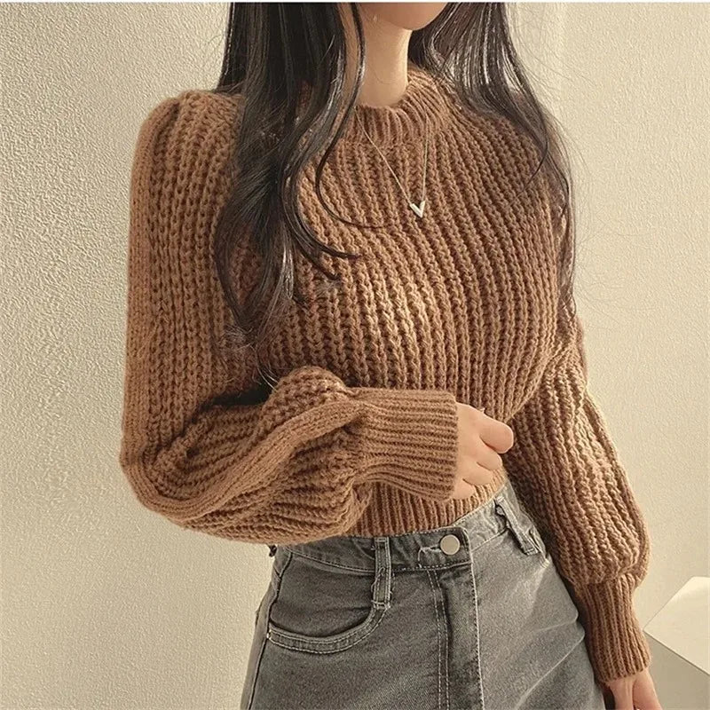 Oversized Lantern-Sleeve Chunky Knit Sweater