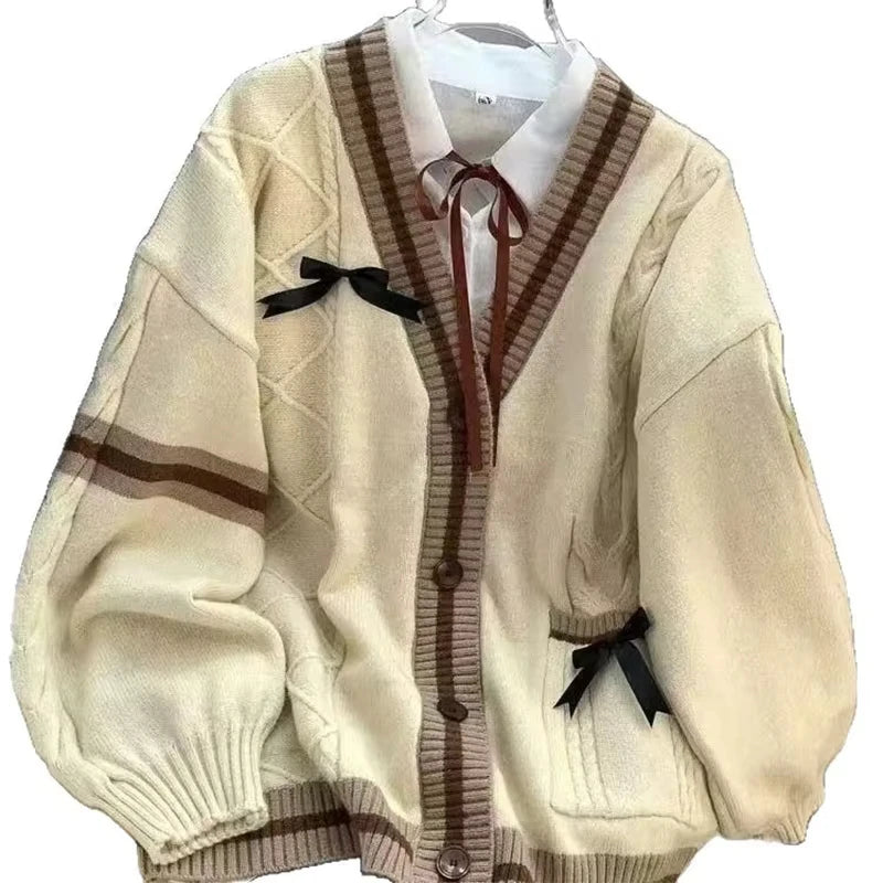 Bow-Decor Cable-Knit Cardigan