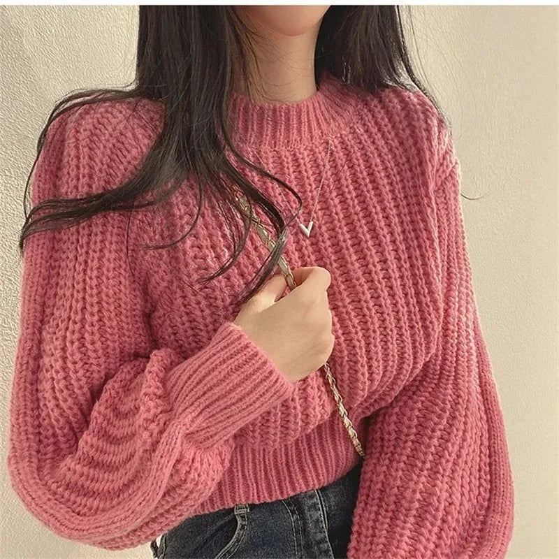 Oversized Lantern-Sleeve Chunky Knit Sweater