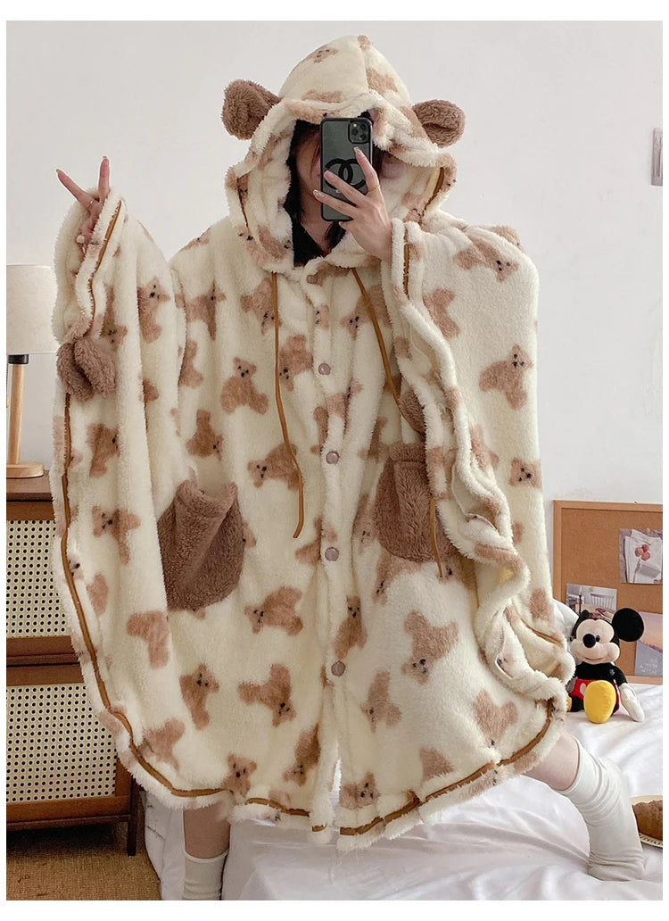 Women's Teddy Bear Print Hooded Plush Robe