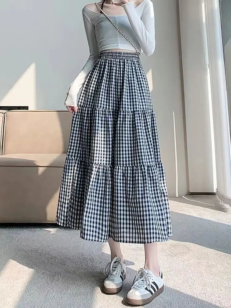 Checkered Patchwork Tiered Midi Skirt