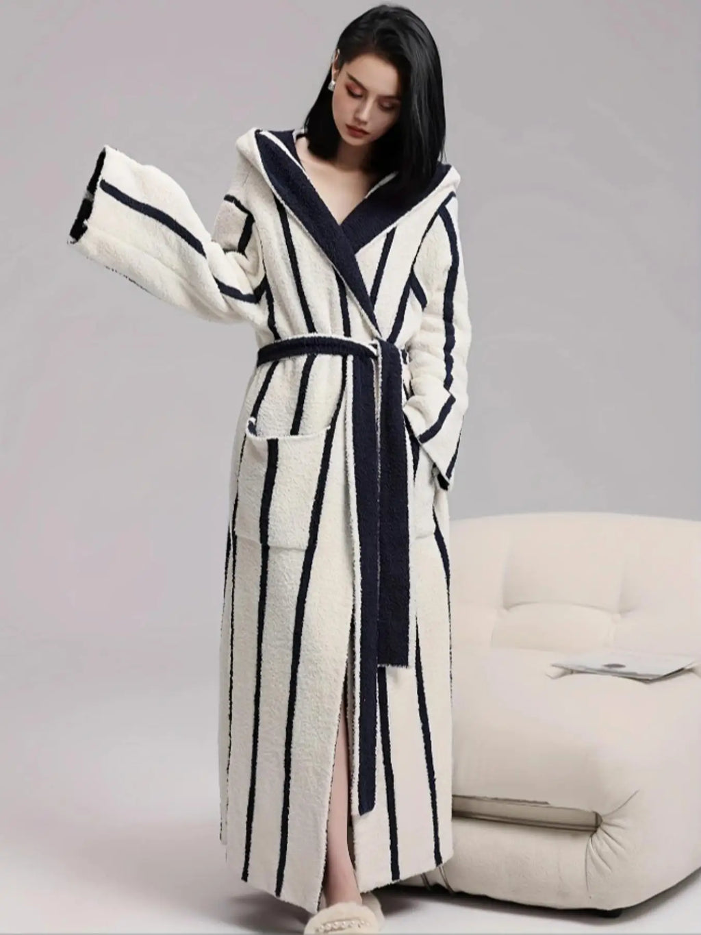 Women's Red & White Striped Hooded Plush Robe