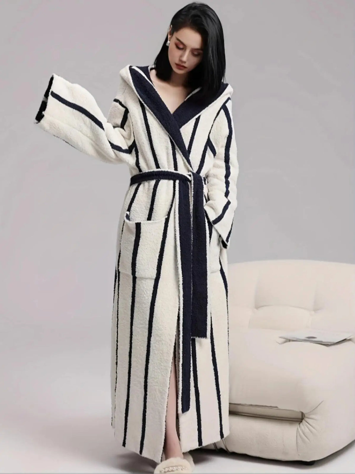 Women's Red & White Striped Hooded Plush Robe