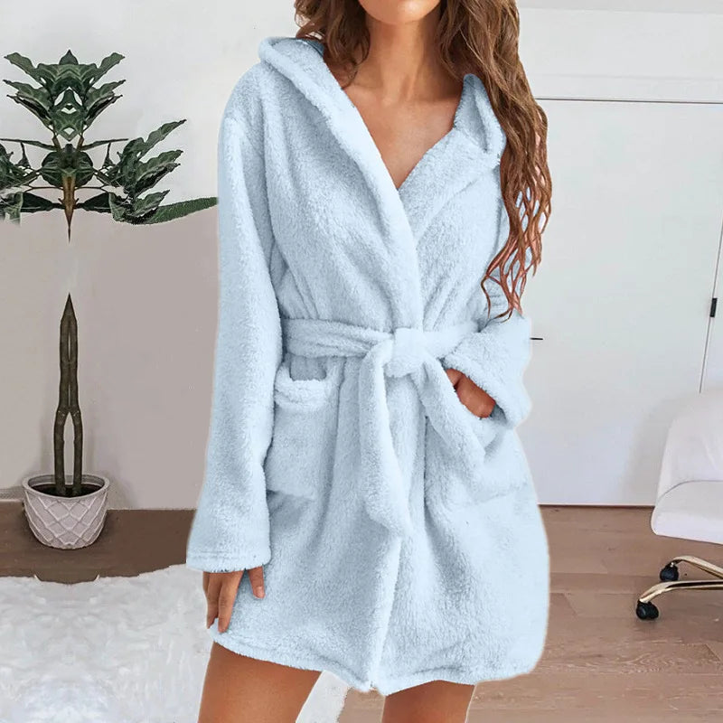 Women's Hooded Fluffy Plush Bathrobe