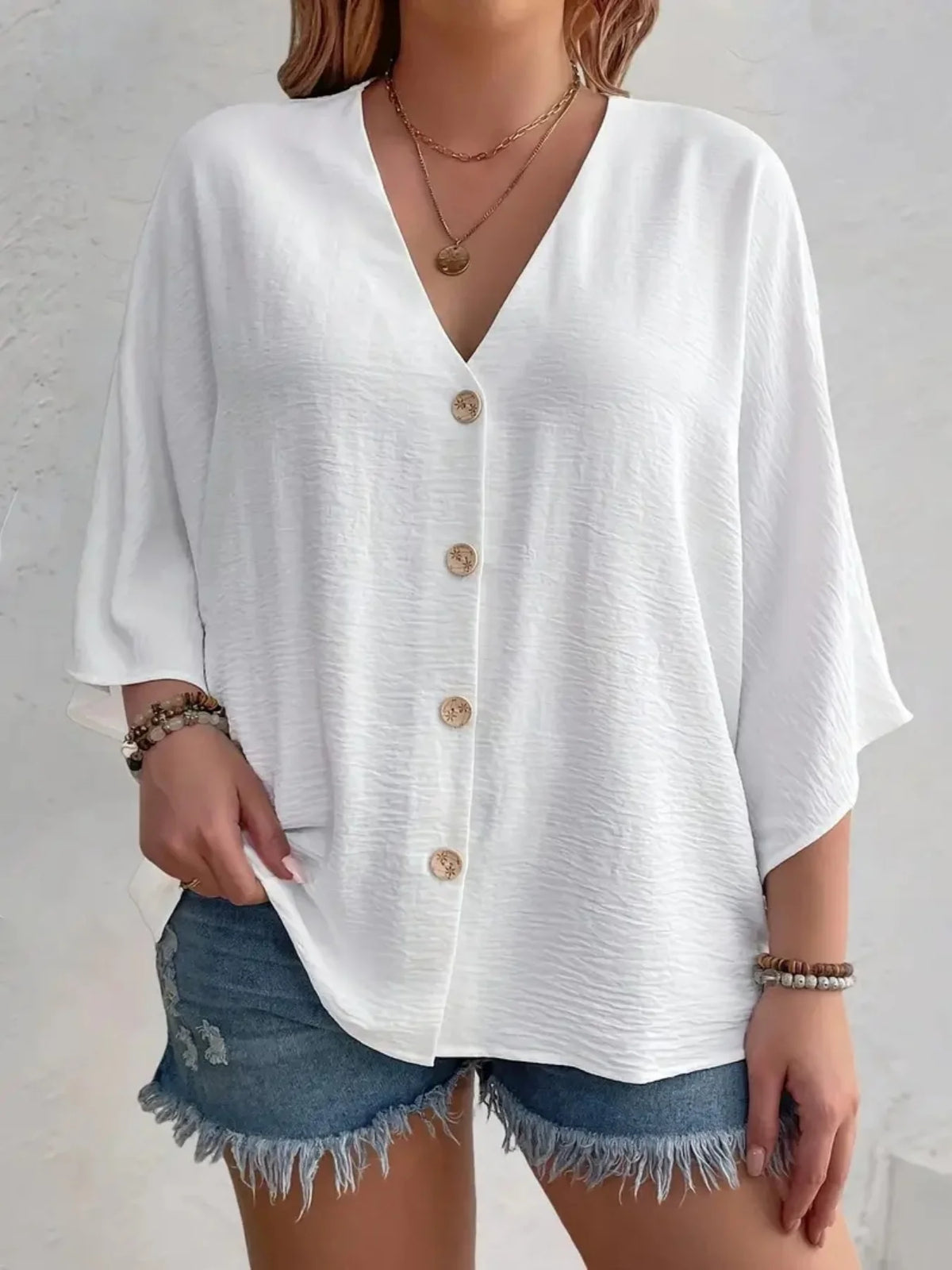 Plus Size Loose V-Neck Long-Sleeve T-Shirt
