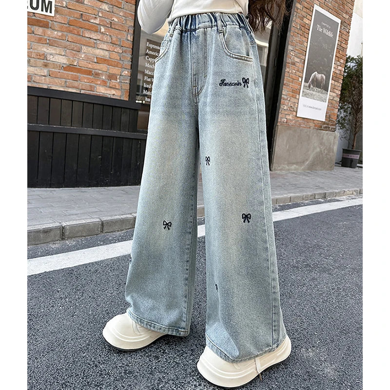 Women's Bow Embroidery Wide-Leg Jeans – Cute Casual Denim