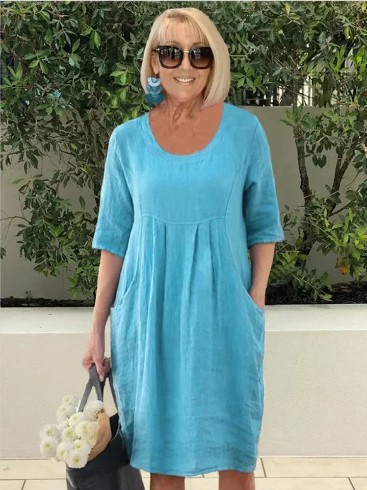 Women's Plus Size Cotton Linen Dress – Casual Pocket Shift Dress