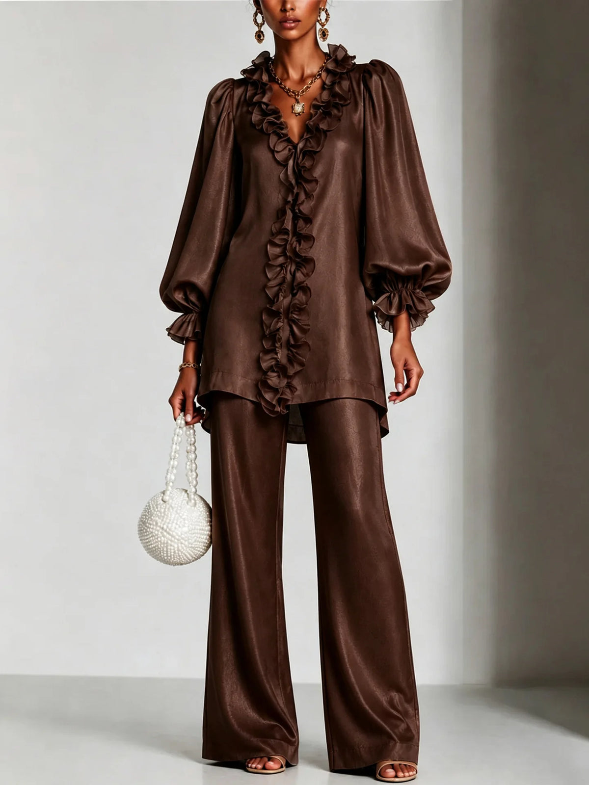 Women's Satin Ruffle V-Neck Two-Piece Set